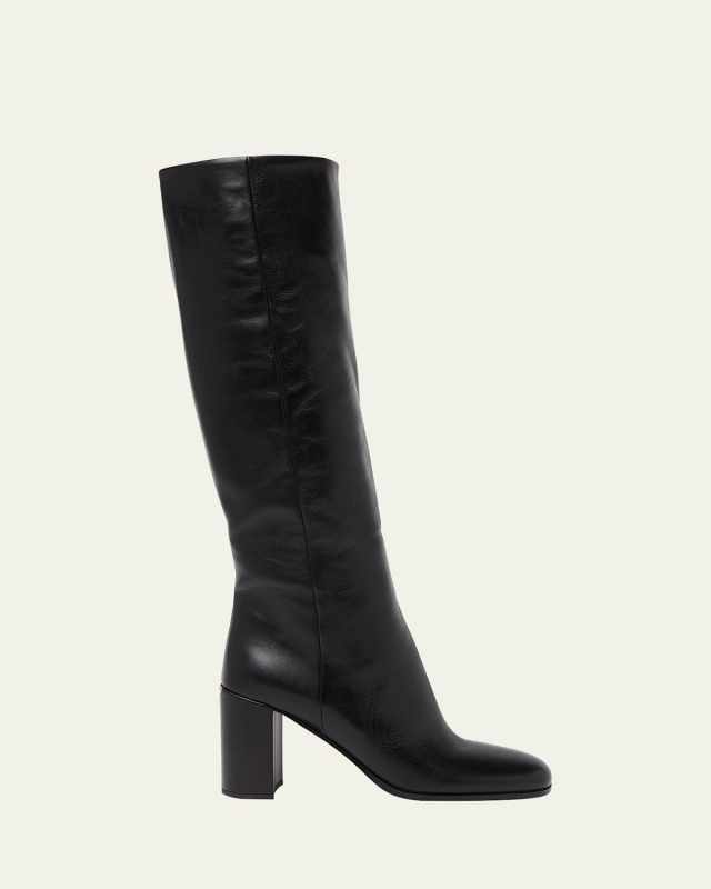 Triangle Logo Leather Block-Heel Knee Boots
